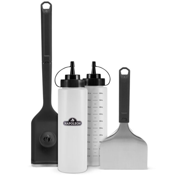 Napoleon 4-osaline puhastuskomplekt grillplaadi/plancha jaoks (2 kastmepudelit, puhastushari ja -kaabits)